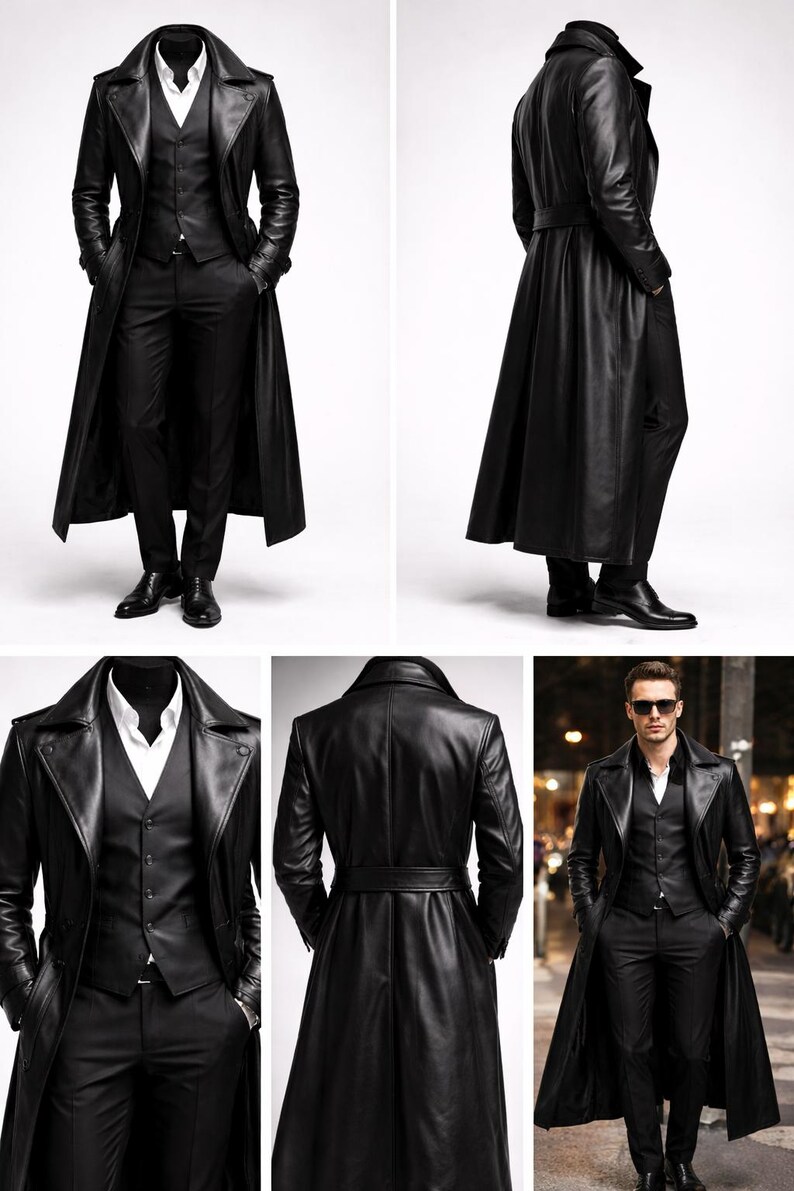 Puede incluir: Un abrigo largo de cuero negro con chaleco y pantal&oacute;n a juego. El abrigo largo tiene solapas con muescas y cintur&oacute;n en la cintura. El conjunto incluye una camisa blanca y zapatos negros.