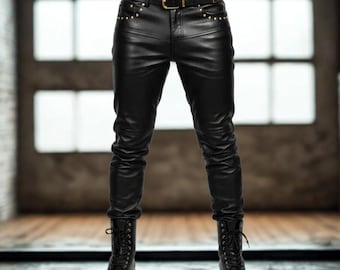 Men Leather Pants  | Genuine Leather Biker Trousers | Regular Fit Rock Punk Motorcycle Leather Pant