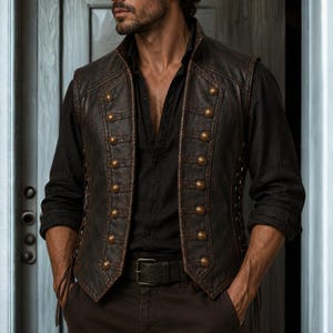 May include: A dark brown leather waistcoat featuring two vertical rows of metallic brass buttons along the front opening. The waistcoat is worn over a black long-sleeved shirt and paired with dark brown trousers secured by a black leather belt.