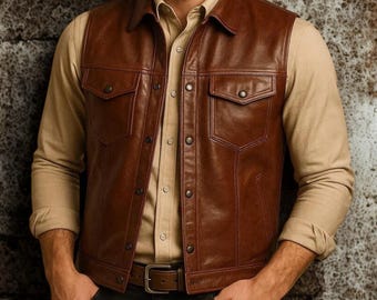 Chaleco sin mangas de cuero marrón para hombre: estilo clásico occidental, con botones al frente
