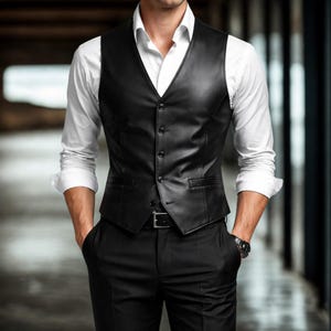 Puede incluir: Un chaleco de cuero negro con botones, usado sobre una camisa blanca. El chaleco tiene cuello en V y dos peque&ntilde;os bolsillos. La persona tambi&eacute;n lleva pantalones negros y un cintur&oacute;n negro.