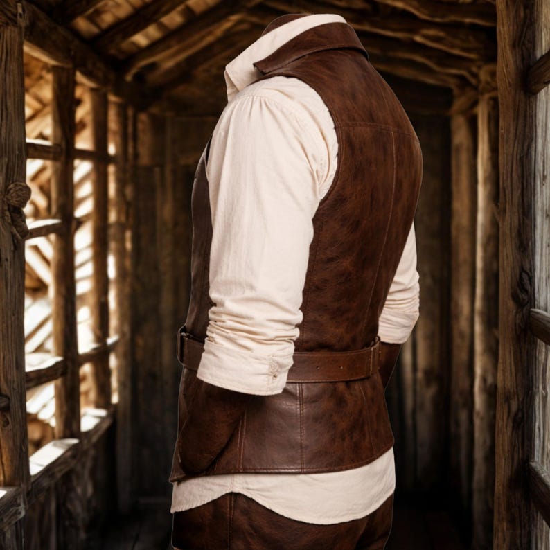 Pode incluir: Um colete de couro castanho com cinto a condizer, usado sobre uma camisa creme de manga comprida. O colete tem um aspeto texturizado e um colarinho. A roupa lembra trajes hist&oacute;ricos ou de fantasia.