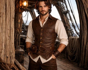 Men's Distressed Brown Leather Pirate Vest, Renaissance Medieval Waistcoat, LARP Costume