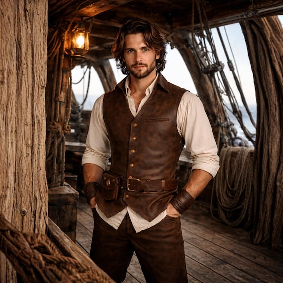 Men's Distressed Brown Leather Pirate Vest, Renaissance Medieval Waistcoat, LARP Costume