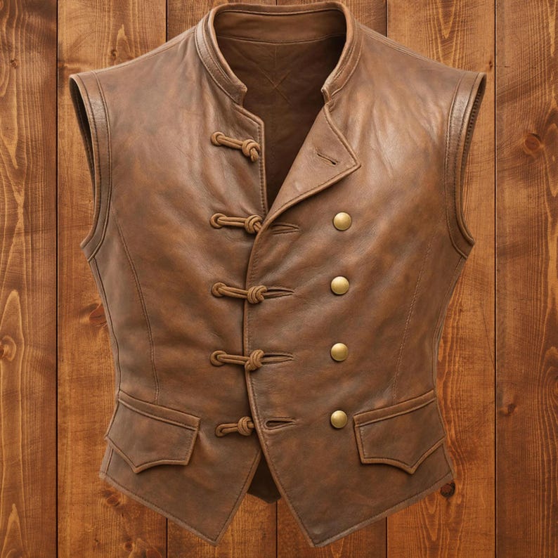 May include: A brown leather vest with a mandarin collar and a double-breasted design. The vest features four gold-colored buttons and three sets of toggle closures. Two small pockets are located at the waist.