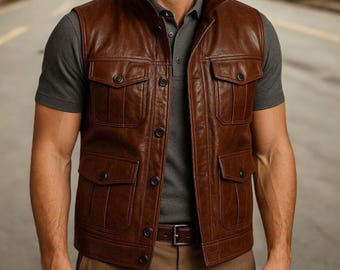 Men’s Brown Leather Utility Vest – Classic Button Front Casual Waistcoat