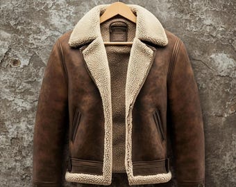 Chaqueta de aviador de piel de oveja marrón para hombre / Hecha a mano