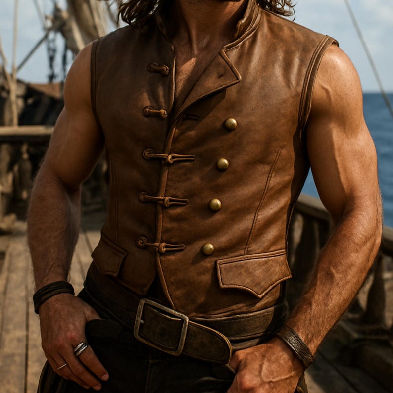 May include: A brown leather vest with a double-breasted design and brass buttons. The vest has a high collar and decorative pockets. The vest is sleeveless and has a vintage, rugged appearance. The vest is worn with a belt and dark pants.