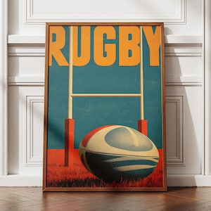 Vintage Rugby Wall Art | Retro Sports Poster | Rugby Ball and Goal Print | Old School Game Room Decor | Man Cave Gift | Physical Print