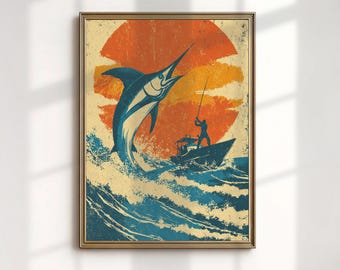Vintage Marlin Fiske Konsttryck, Retro Båt och Solgrafik