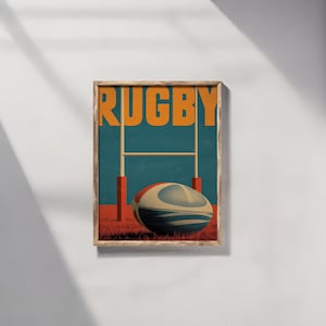 Arte de pared de rugby vintage / Póster deportivo retro / Impresión de pelota y portería de rugby / Decoración de sala de juegos de la vieja escuela / Regalo para la cueva del hombre / Impresión física