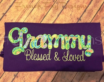 Grammy applique Short-Sleeve T-Shirt for Grandmother Customized and Personalized "Blessed and Loved"