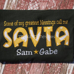 SAVTA applique Long Sleeve T-Shirt for Grandmother Customized and Personalized with Grandkids Names &quot;My greatest blessings call me&quot;