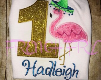 Customized Flamingo Sombrero Birthday Applique T-Shirt