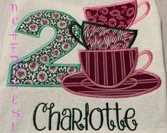 Customized Birthday Tea Cup Applique T-Shirt