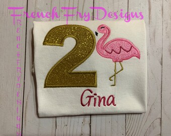 Customized Flamingo Birthday Applique T-Shirt