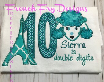 Customized Birthday Teal Poodle in Paris "TEN" Applique T-Shirt