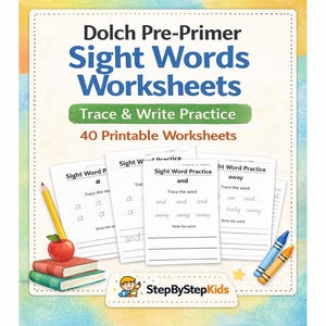 Puede incluir: Un conjunto de hojas de trabajo educativas coloridas titulado "Dolch Pre-Primer Sight Words Worksheets". La imagen muestra hojas de trabajo con práctica de palabras de uso frecuente, un lápiz, crayones y una pila de libros con una manzana encima.