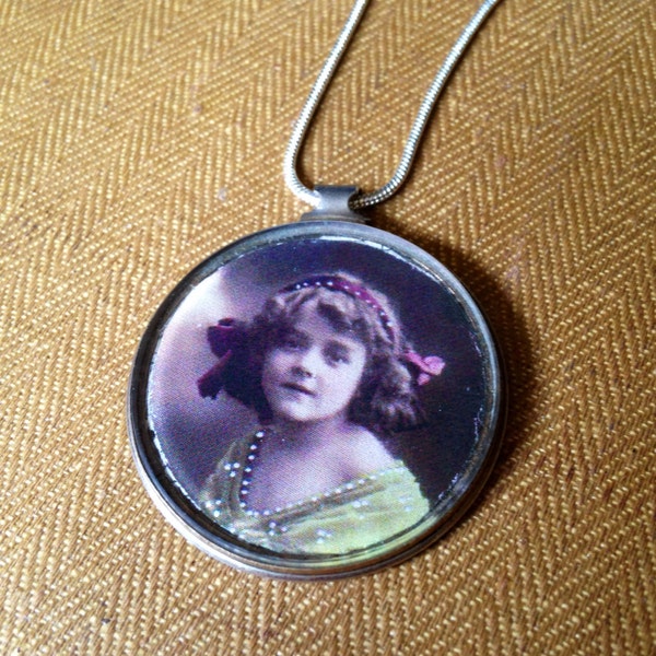 Reversible vintage girl/ sheet music antique monocle pendant necklace, recycled upcycled repurposed