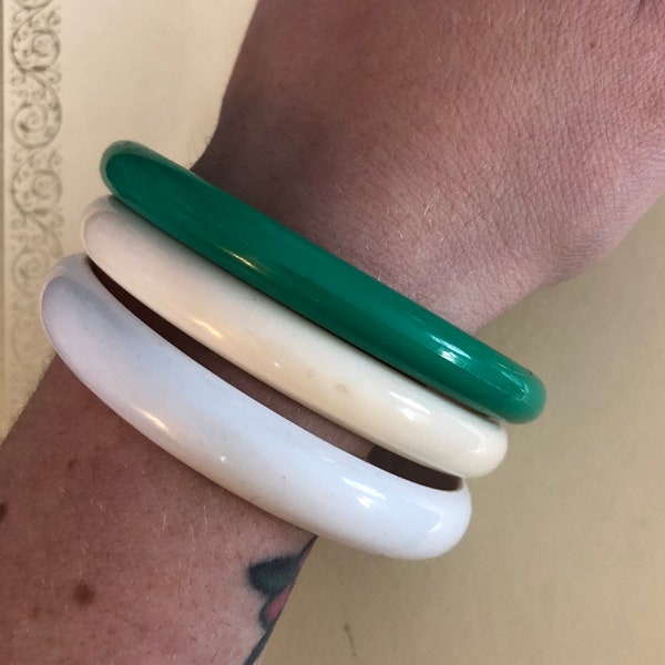 Three vintage bangle bracelets green, white, cream