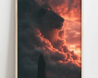 Celestial Cloud Lion Print | Hooded Figure Sunset Sky Poster | Epic Fantasy Digital Download | Printable Decor