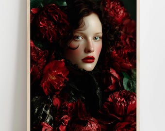 Crimson Floral Woman Portrait, Moody Feminine Art (Digital Download)