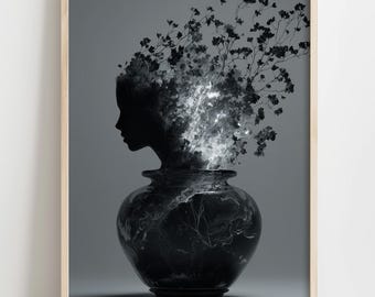 Surreal Goddess Vase Portrait Print | Black White Conceptual Photography Poster | Digital Download | Printable Modern Decor