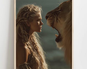 Fearless Woman Facing Roaring Lion – Cinematic Printable Wall Art, Digital Download