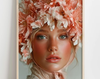 Floral Woman Portrait Print, Romantic Feminine Wall Art (Digital Download)