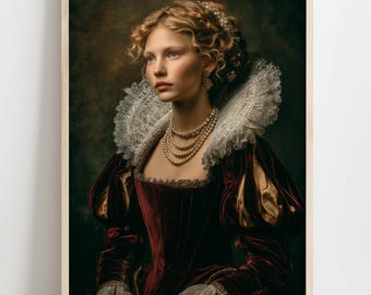 Renaissance Woman Portrait Print | Burgundy Velvet Gown (Digital Download)