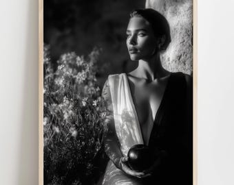 Persephone with Apple – Black and White Printable Art