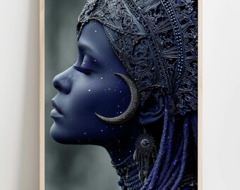 Dark Moon Goddess Art Print | Celestial Woman Portrait (Digital Download)