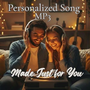 May include: A couple wearing headphones listens to music from a record player. The image has the text "Personalized Song MP3 Made Just For You". The scene is warm and inviting, with soft lighting and a cozy atmosphere.