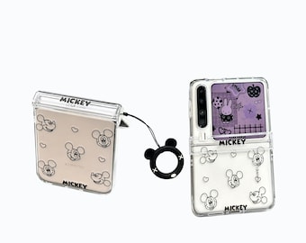 Samsung Z Flip 7 6 5 Acrylic Case, Cute Mouse Print Clear Flip Phone Case with Ring Charm, Kawaii Gift for Her