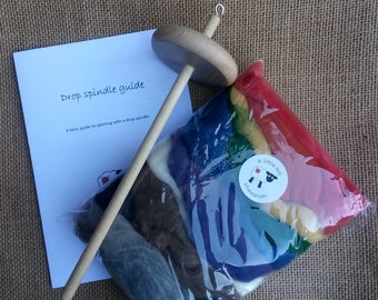 Drop spindle starter kit with British Shetland fibre- mixed fibre colours