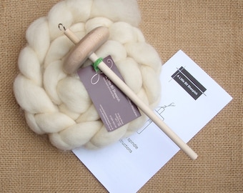 Drop spindle starter kit with Bluefaced Leicester fibre