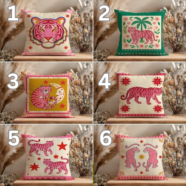 Kussensloop tijger, volkskunst junglethema, maximalistische dieren sierkussen, eclectisch safaridecor, grillig, grote katten, groot vierkant