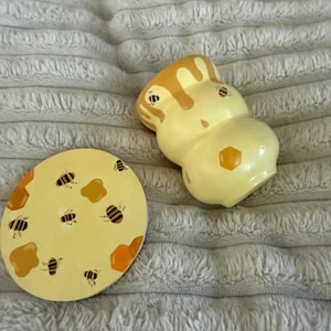 Hand Painted Ceramic Pot and Coaster Set: Bee and Honeycomb Design