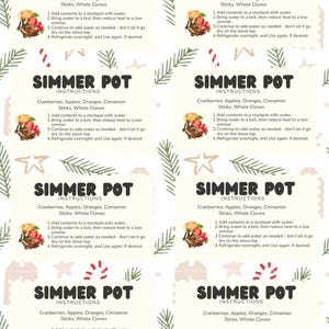 May include: Cards with instructions for a simmer pot recipe. The recipe includes cranberries, apples, oranges, cinnamon sticks, and whole cloves. The instructions are printed in black text on a white background, with decorative elements.