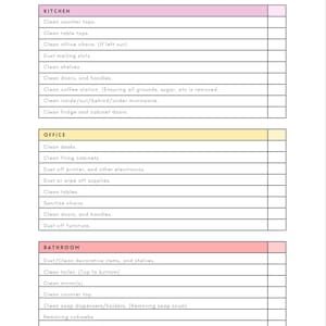 Może przedstawiać: Lista kontrolna sprzątania biura, podzielona na sekcje kuchni, biura i łazienki. Tytuł "OFFICE CLEAN CHECKLIST" znajduje się na górze. Każda sekcja zawiera zadania sprzątania z polami wyboru.