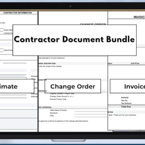 May include: A laptop screen displays a "Contractor Document Bundle" with sections labeled "Estimate", "Change Order", and "Invoice". The documents are white with black text, set against a light blue background.