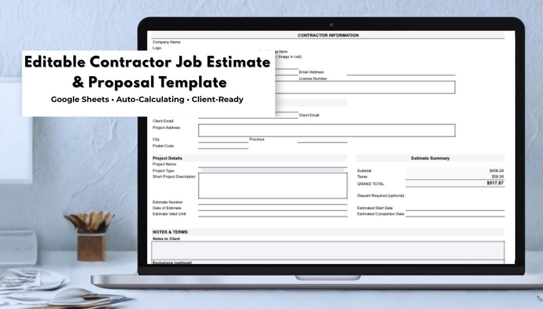 Contractor Estimate & Proposal Template | Google Sheets | Professional ...