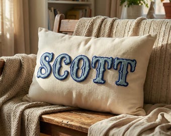 Custom Embroidered Name Pillow, Punch Needle Lumbar Cushion, Personalized Monogram Gift, Kids Room Decor