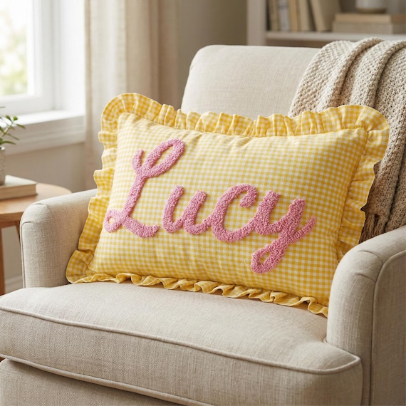 Punch Needle Pillow, Gingham Ruffle Cushion, Personalized Initial Pillow, Custom Lumbar Throw Pillow, Monogrammed Newborn Gift