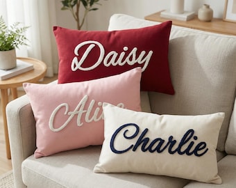 Custom Name Pillow, Punch Needle Embroidered Cushion, Baby Shower Gift, Handwritten Script Font, Personalized Baby, Newborn Gift