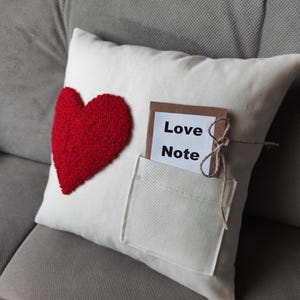 Love Note Pocket Pillow, Secret Message Gift, Red Heart Punch Needle, Hidden Pocket Cushion, Proposal Idea, Romantic Valentines Decor