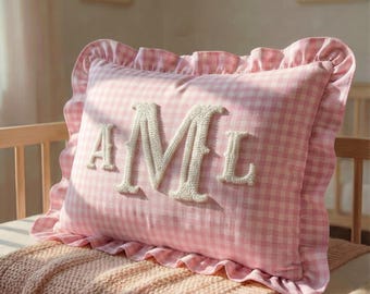 Personalized Name Ruffle Pillow, Punch Needle Embroidered Cushion, Baby Shower Gift, Nursery Room Decor