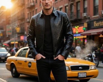 Men’s Exotic Crocodile Embossed Leather Jacket—Stylish Black Zip Jacket—Modern Biker Style