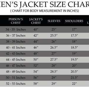 May include: A men's jacket size chart, with measurements in inches. The chart includes sizes from XXS to 5XL, detailing chest, jacket chest, sleeve, shoulder, and back length measurements. The chart is displayed on a white background.