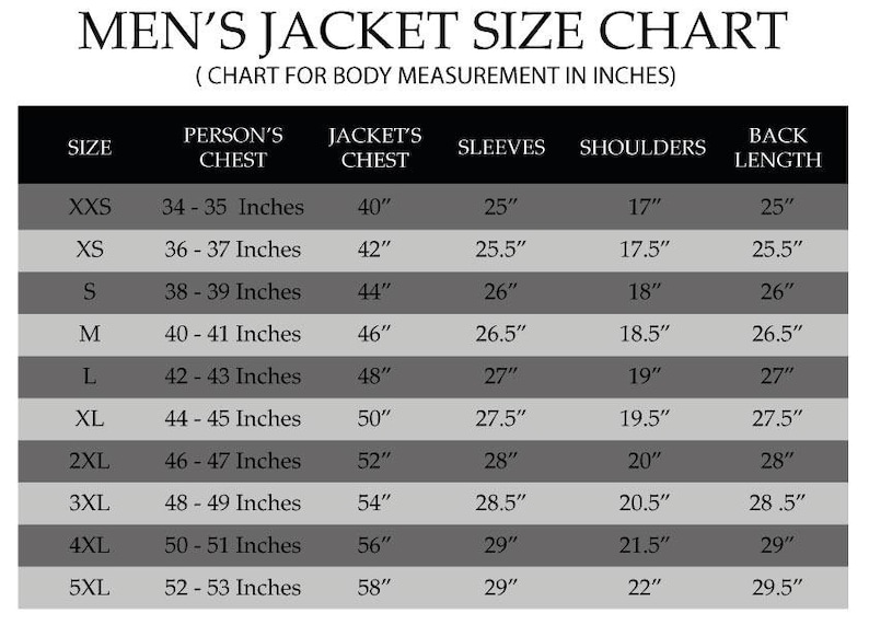 May include: A men's jacket size chart, with measurements in inches. The chart includes sizes from XXS to 5XL, detailing chest, jacket chest, sleeve, shoulder, and back length measurements. The chart is displayed on a white background.